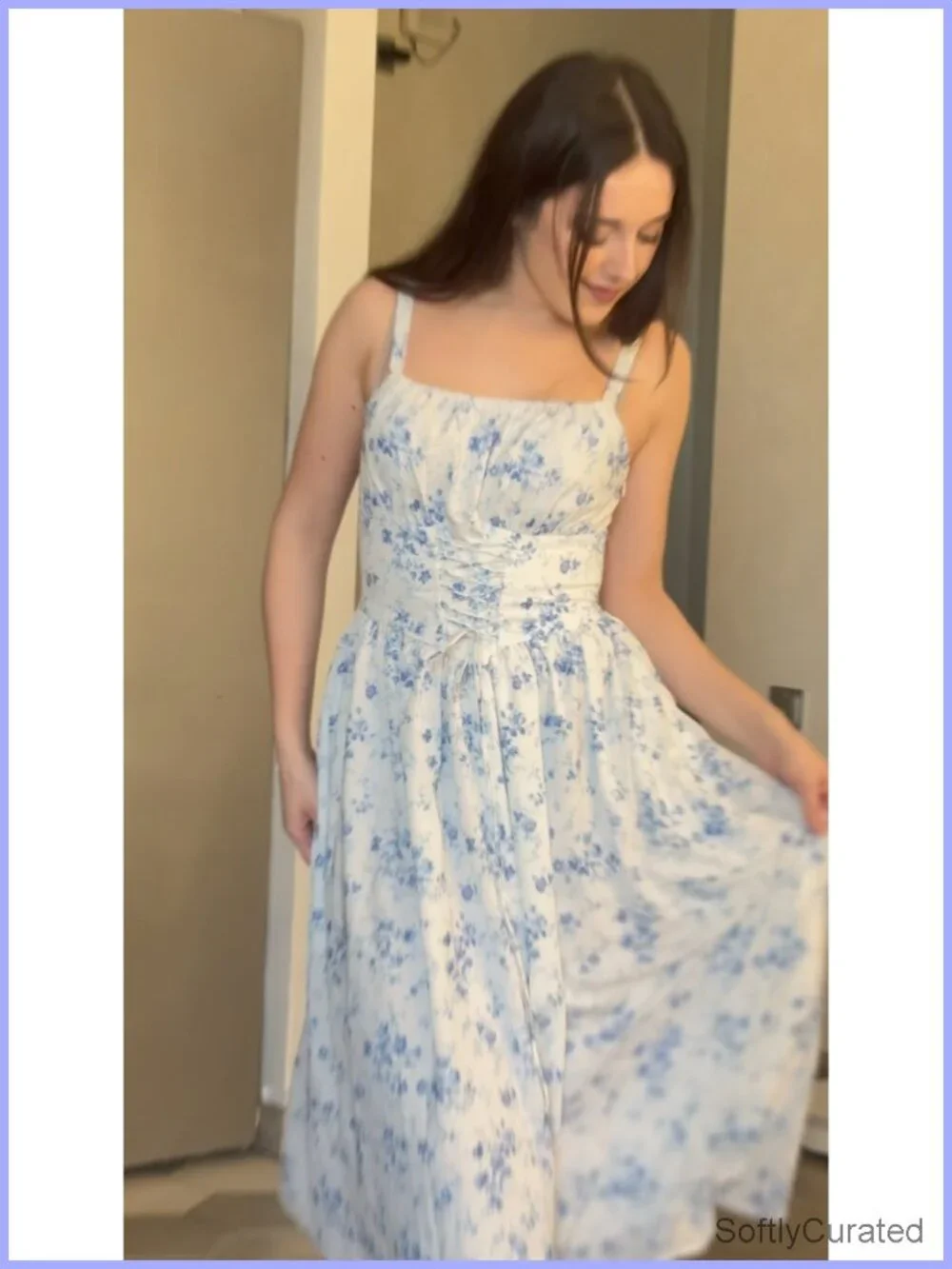 Sleeveless Lace Up Corset Waist Floral Maxi Dress with Pockets